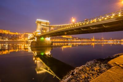 Ice flowing on river Danube in Budapest, Hungary at night-stock-photo