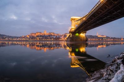 Ice flowing on river Danube in Budapest, Hungary at night-stock-photo