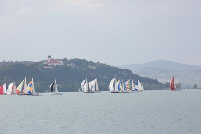 SZANTOD - JULY 18 : Sailing boats compete on 51.th Kekszalag championship at the Lake Balaton on 18 July 2019 in Szantod, Hungary.-stock-photo