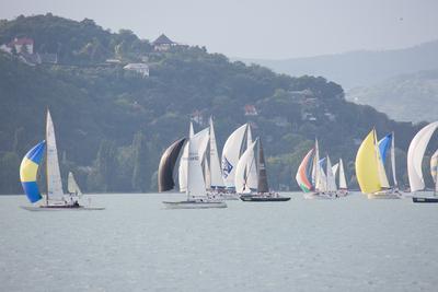 SZANTOD - JULY 18 : Sailing boats compete on 51.th Kekszalag championship at the Lake Balaton on 18 July 2019 in Szantod, Hungary.-stock-photo