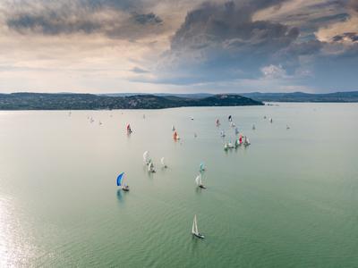 Aerial photo with sailing boats on Lake Balaton-stock-photo