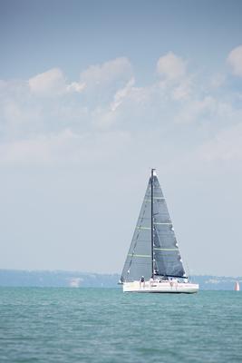 SZANTOD - JULY 18 : Sailing boats compete on 51.th Kekszalag championship at the Lake Balaton on 18 July 2019 in Szantod, Hungary.-stock-photo