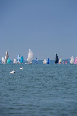 SZANTOD - JULY 18 : Sailing boats compete on 51.th Kekszalag championship at the Lake Balaton on 18 July 2019 in Szantod, Hungary.-stock-photo