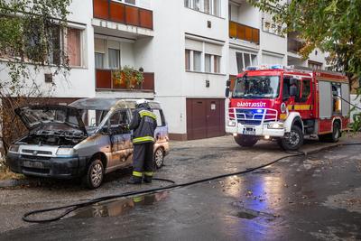 KAPOSVAR, HUNGARY - OCT 30: Firefighters help burning car on Ott.30, 2017 on  Kaposvar, Hungary.-stock-photo