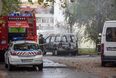 KAPOSVAR, HUNGARY - OCT 30: Firefighters help burning car on Ott.30, 2017 on  Kaposvar, Hungary.-stock-photo