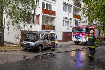 KAPOSVAR, HUNGARY - OCT 30: Firefighters help burning car on Ott.30, 2017 on  Kaposvar, Hungary.-stock-photo