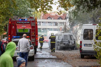 KAPOSVAR, HUNGARY - OCT 30: Firefighters help burning car on Ott.30, 2017 on  Kaposvar, Hungary.-stock-photo