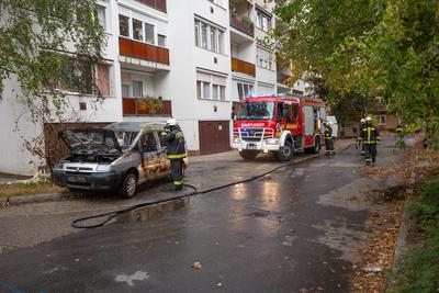 KAPOSVAR, HUNGARY - OCT 30: Firefighters help burning car on Ott.30, 2017 on  Kaposvar, Hungary.-stock-photo