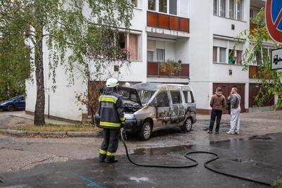 KAPOSVAR, HUNGARY - OCT 30: Firefighters help burning car on Ott.30, 2017 on  Kaposvar, Hungary.-stock-photo