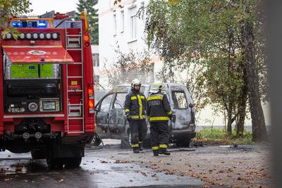 KAPOSVAR, HUNGARY - OCT 30: Firefighters help burning car on Ott.30, 2017 on  Kaposvar, Hungary.-stock-photo