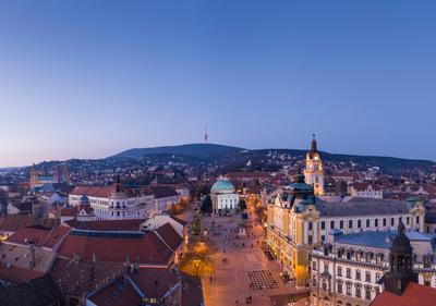 Aerial view of beautiful Pecs with christmas lights-stock-photo