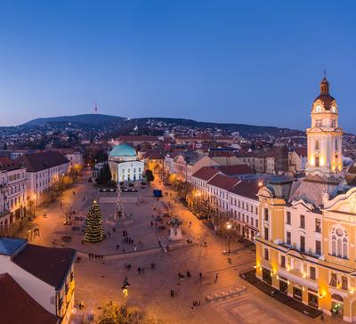 Aerial view of beautiful Pecs with christmas lights-stock-photo