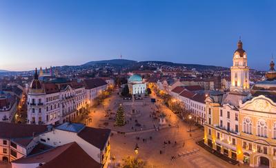 Aerial view of beautiful Pecs with christmas lights-stock-photo