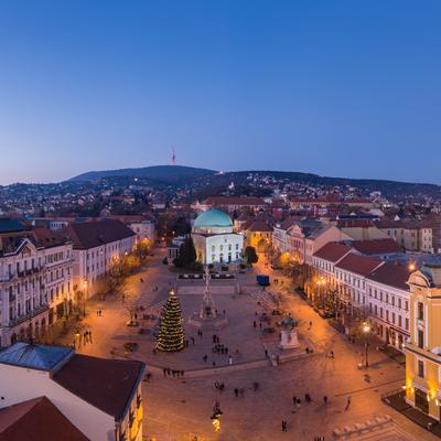 Aerial view of beautiful Pecs with christmas lights-stock-photo