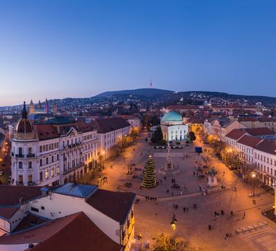 Aerial view of beautiful Pecs with christmas lights-stock-photo