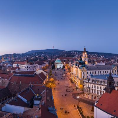 Aerial view of beautiful Pecs with christmas lights-stock-photo