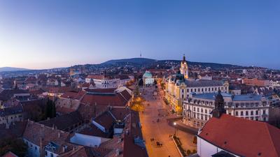 Aerial view of beautiful Pecs with christmas lights-stock-photo