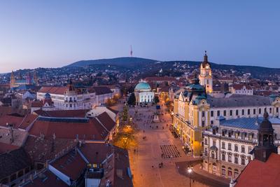 Aerial view of beautiful Pecs with christmas lights-stock-photo