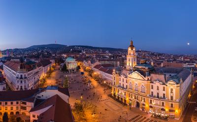 Aerial view of beautiful Pecs with christmas lights-stock-photo