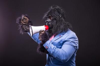 businessman wearing gorilla mask and screaming to megafon-stock-photo