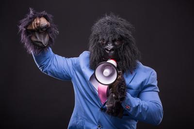 businessman wearing gorilla mask and screaming to megafon-stock-photo