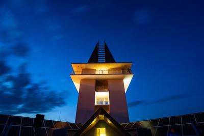 tower in Poroszlo with night sky-stock-photo