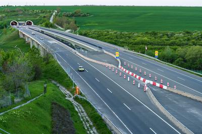 Hungarian M6 highway with tunel at evening-stock-photo