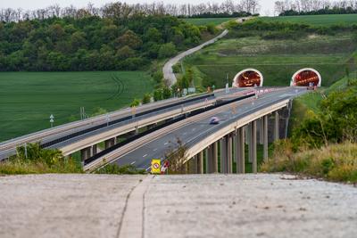 Hungarian M6 highway with tunel at evening-stock-photo