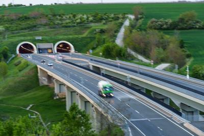 Hungarian M6 highway with tunel at evening-stock-photo