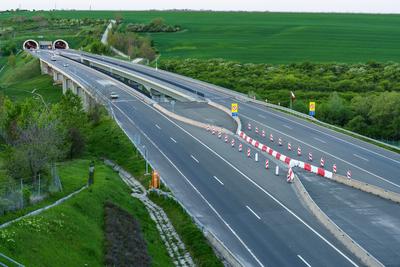 Hungarian M6 highway with tunel at evening-stock-photo