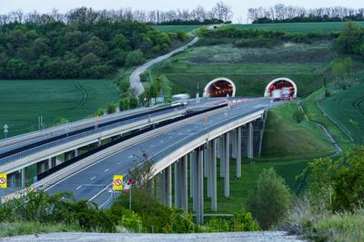 Hungarian M6 highway with tunel at evening-stock-photo