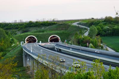 Hungarian M6 highway with tunel at evening-stock-photo