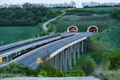 Hungarian M6 highway with tunel at evening-stock-photo