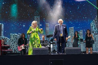 PECS, HUNGARY - JUNE 07: Korda Gyorgy and Balazs Klari sing at the Korda 85 concert . It was a public free concert in Szechenyi square in June 07, 2024 in Pecs, Hungary-stock-photo