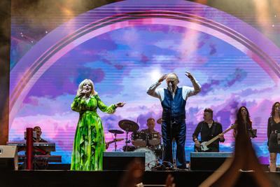 PECS, HUNGARY - JUNE 07: Korda Gyorgy and Balazs Klari sing at the Korda 85 concert . It was a public free concert in Szechenyi square in June 07, 2024 in Pecs, Hungary-stock-photo