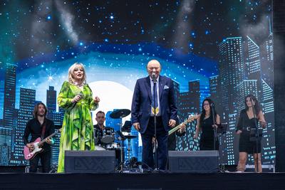 PECS, HUNGARY - JUNE 07: Korda Gyorgy and Balazs Klari sing at the Korda 85 concert . It was a public free concert in Szechenyi square in June 07, 2024 in Pecs, Hungary-stock-photo