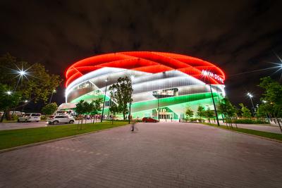 Budapest, Hungary -- May 07, 2024 A view of the monumental MVM Dome sport arena-stock-photo