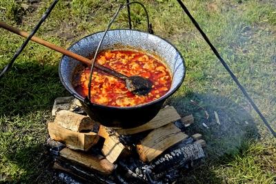 Bogrács gulyás tábortűz felett-stock-photo