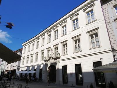 Bratislava (Pozsony), 19 May 2018The Pálffy Palace of Bratislava. Wolfgang Amadeus Mozart here gave his concert when he was six years old.Pálffy Lajos marsall palotája. 1747-ben épült. Benne adott koncertet hatéves korában Wolfgang Amadeus Mozart (1756-1791).-stock-photo