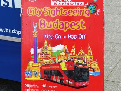 Budapest sightseeing bus advertisement for tourists-stock-photo