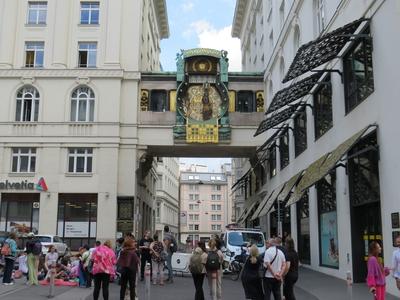 Tourists at the Ancker Clock (Ankeruhr) on the Hoher Markt square - Vienna-stock-photo