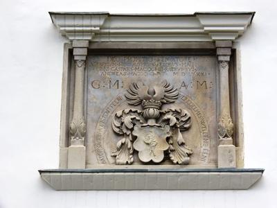 Stone carving of the Mágocsy castle - 16th C, - Hungary-stock-photo