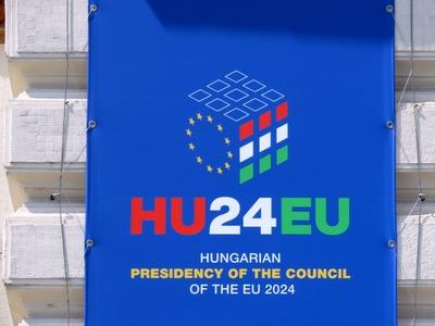 Emblem of Hungarian Presidency EU Council - Budapest-stock-photo