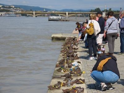 Flooded Danube river - Shoes Memorial - Budapest-stock-photo