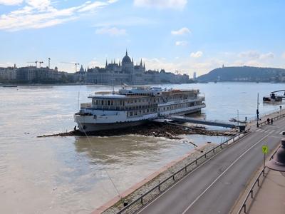 River Hotel on flooded Danube river - Budapest - Boris cyclone-stock-photo