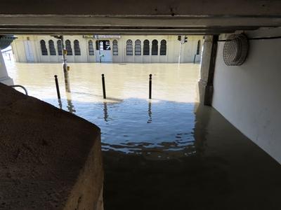 Danube river flooding - Submerged ticket office and staircase - Budapest-stock-photo