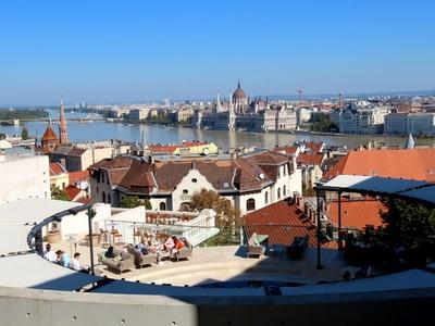 Budapest panorama - Aranybástya hanging garden - Danube-stock-photo