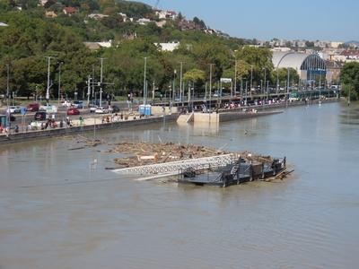 Submerged harbor bridge - Danube river overflowing - Budapest - Cyclone Boris-stock-photo