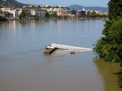 Margaret Island submerged harbor bridge - Budapest - Danube river - Cyclone Boris-stock-photo