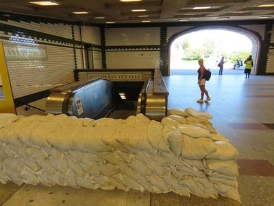 Sandbags used to protect Suburban Railway station from the overflowing Danube river - Budapest-stock-photo